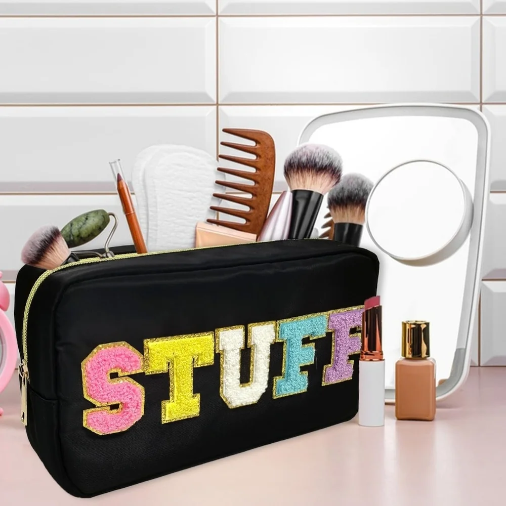 Black Cosmetic Bag with Colorful 'STUFF'‎ Design